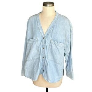 CHLOE STORA Paris Blue Chambray Cotton Linen Button Down Top Women's Size 40 L